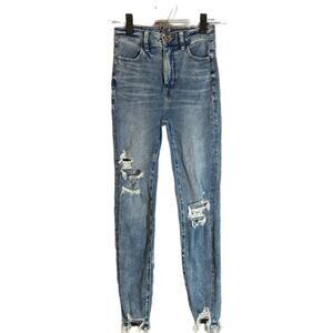 American Eagle Women’s Blue Distressed Shark Bite Fringe Denim Jeans Size 0R